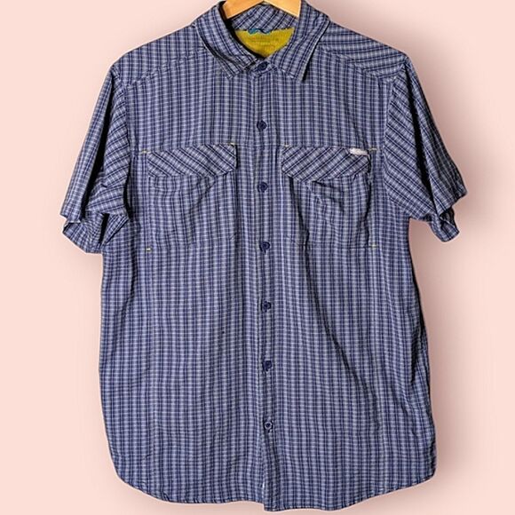 Columbia Wicking Vented Short Sleeve Buttondown Blue Plaid Shirt size L - Picture 1 of 11